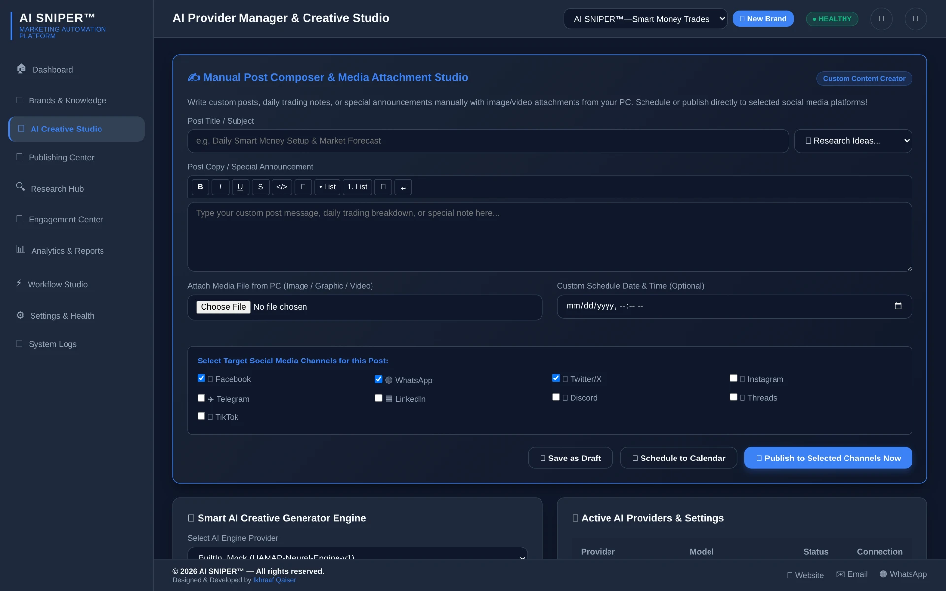 AI SNIPER™ MAP AI Provider Manager & Creative Studio for generating brand-aligned trading content and social media updates